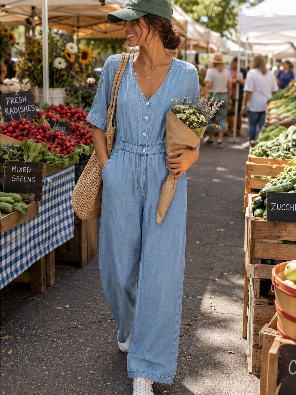 LOVESTITCH 100% Tencel Chambray Wide Leg Jumpsuit Blue Size Small